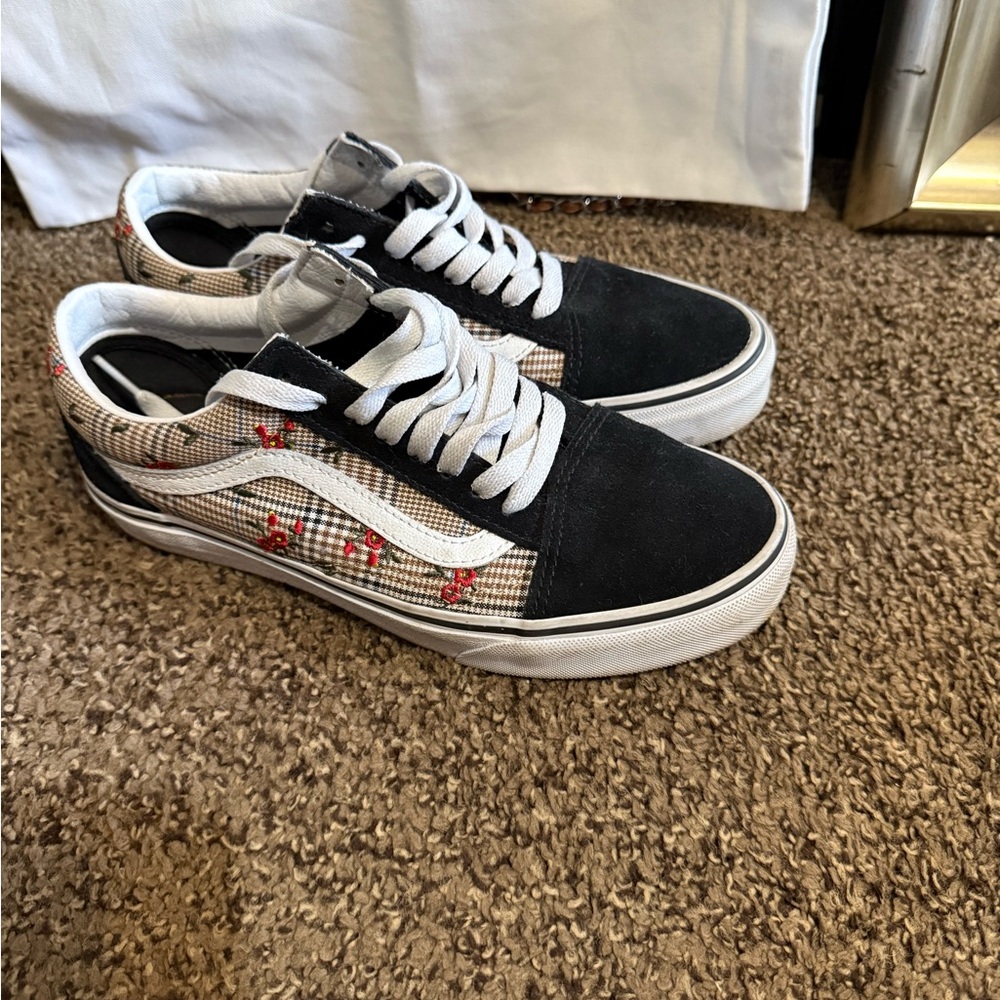 Vans Black and White Checkered Sneakers with Red Accents